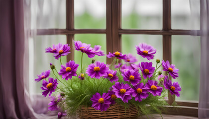 Bouquet purple Coreopsis flowers in wicker basket near window.