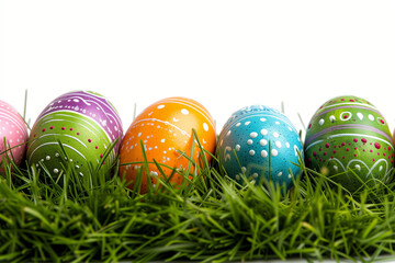 "Happy Easter" Easter with grass and colorful easter eggs.