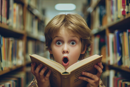 Cute boy with surprised face enjoying and reading a book in the school library
