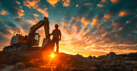 Two workers in safety waistcoats and helmets against the background of sunset and working...