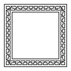 Square frame with seamless meander pattern and spatial effect. Decorative border, made of continuous lines, shaped into a repeated motif. Greek key or Greek fret. Isolated illustration over white.