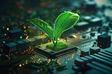Harmonious blend of nature and technology showcasing vibrant green sprout thriving on electronic chip symbolizing innovative union of environmental consciousness with technological advancement - obrazy, fototapety, plakaty