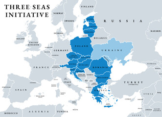 Three Seas Initiative, 3SI or TSI, political map. Also known as BABS for Baltic, Adriatic, Black Sea Initiative. A forum of 13 European Union states, with Moldova and Ukraine as partner-participant.