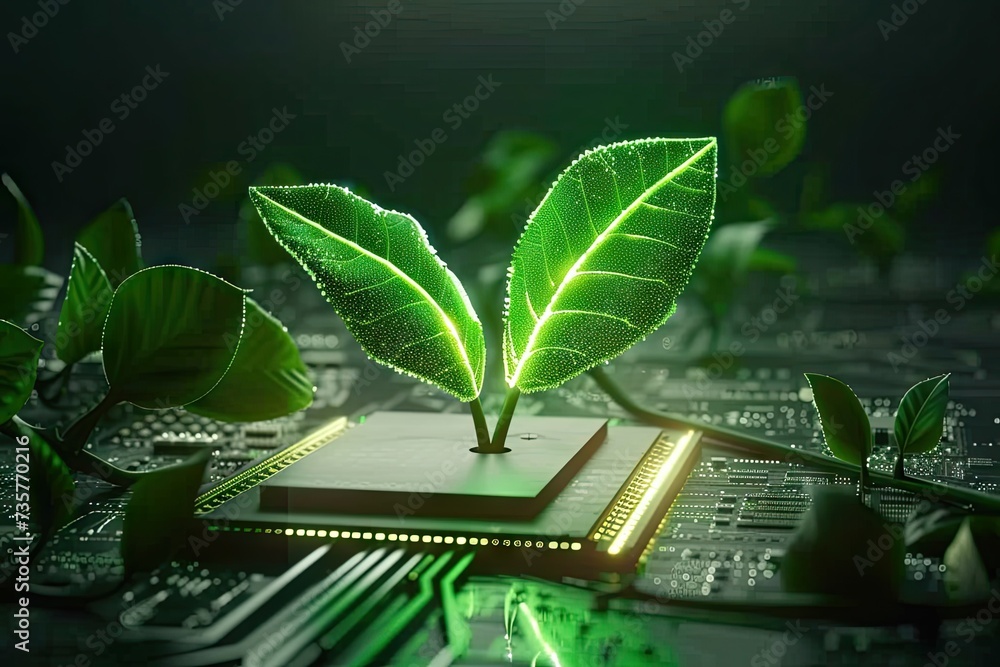 Poster harmonious blend of nature and technology showcasing vibrant green sprout thriving on electronic chi