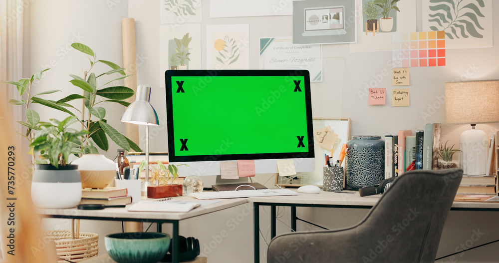 Aufkleber office, desk and computer with green screen, chromakey and desktop placeholder for website design in