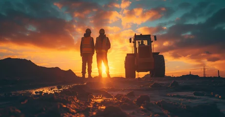 Foto op Canvas Two workers in safety waistcoats and helmets against the background of sunset and working machinery, excavator tractor © Alina Zavhorodnii