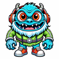 Fototapeta premium Monster, DJ, cute, style , Big eye, Full Human Body, art 90 style, headset, full body, white background