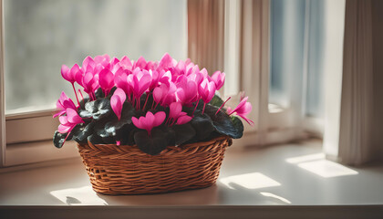 bouquet of pink flowers in a basket