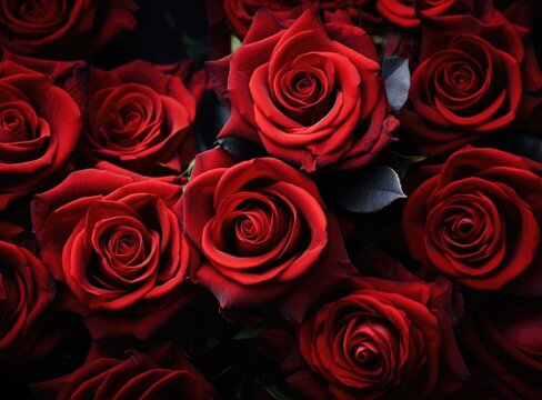 A close-up photo featuring a collection of red roses clustered closely together, showcasing their vibrant color and blooms.