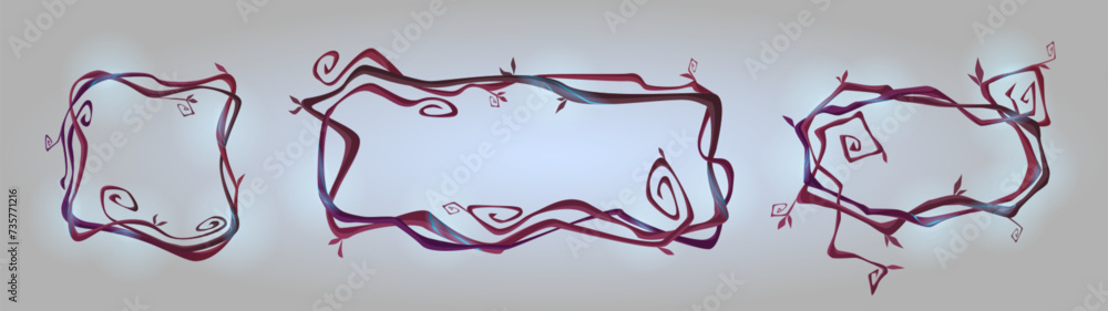 Poster spooky dry liana vines with glow and twisted branches in form of square, rectangle and oval frame fo