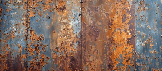A close up of a weathered metal wall with a rusty brown hue resembling a pattern similar to wood grain. The contrast with green grass creates a visual arts masterpiece.