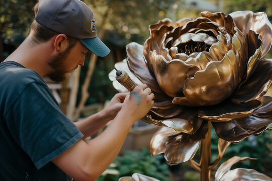 sculptor creating a metallic peony in a workshop garden