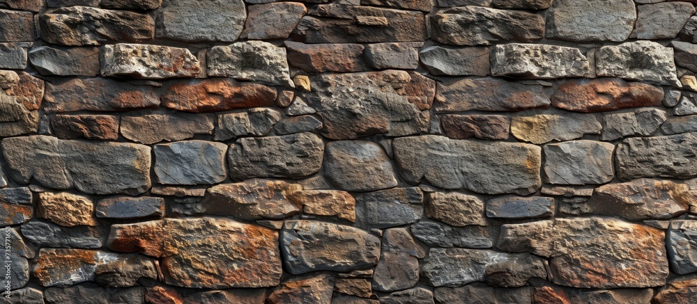 Poster a detailed shot of a stone wall built with various shapes and sizes of rocks. the composite material