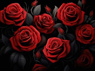 A striking arrangement of red roses with leaves on a contrasting black background.