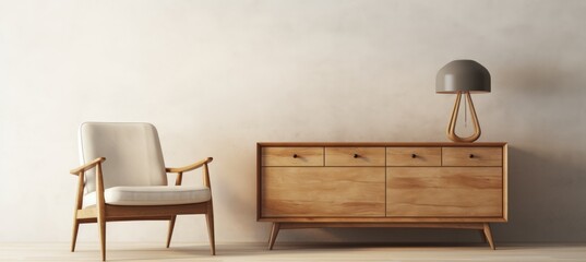 A simple and minimalist composition featuring a white chair placed alongside a sturdy wooden dresser.
