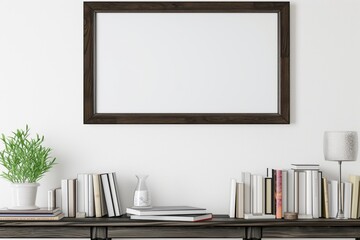 dark wood frame on a white wall above a console table with books
