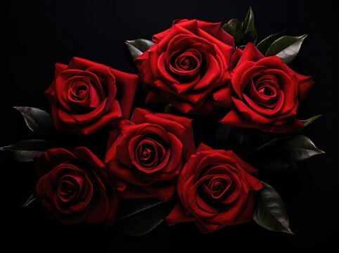 A photo of a bouquet consisting of red roses displayed on a solid black background.