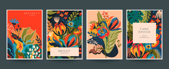 Set of four vector pre-made cards in modern style with nature motifs, flowers and leaves. Templates for your design. - obrazy, fototapety, plakaty