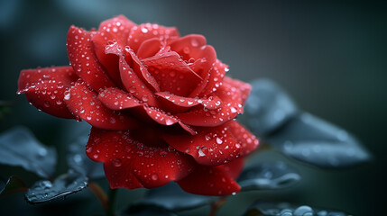Water droplets clinging delicately to the petals of a vibrant red rose, generative ai