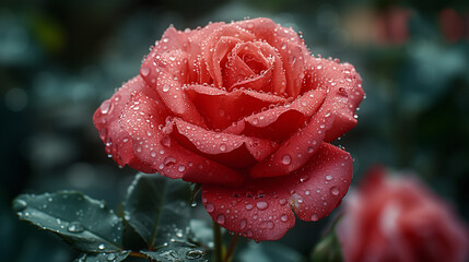 Water droplets clinging delicately to the petals of a vibrant red rose, generative ai - Powered by Adobe