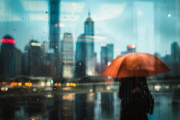 person with an umbrella, rainy cityscape reflected on glass