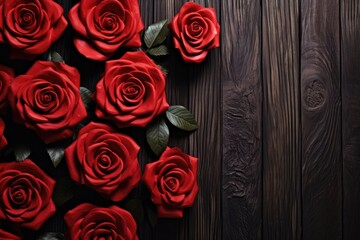 A bunch of red roses sits elegantly arranged on top of a wooden table, blending natures beauty with rustic charm.
