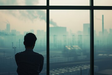 Fototapeta na wymiar office worker on break, staring at a hazy industrial skyline
