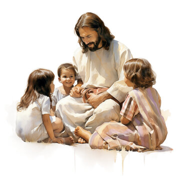 Watercolor print of Jesus, parent and children
