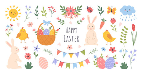 Set of Easter and spring design elements. Rabbit, eggs, chicken, butterfly, tulips, flowers, branches, basket. Perfect for holiday decoration and greeting cards. Vector illustration.
