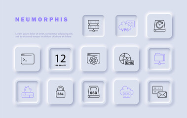 Servers set line icon. Internet, connection, laptop, cloud saving, folder, password, calculator. Neomorphism style. Vector line icon for business and advertising