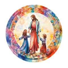 Watercolor print of Jesus, virgin mary and baby jesus