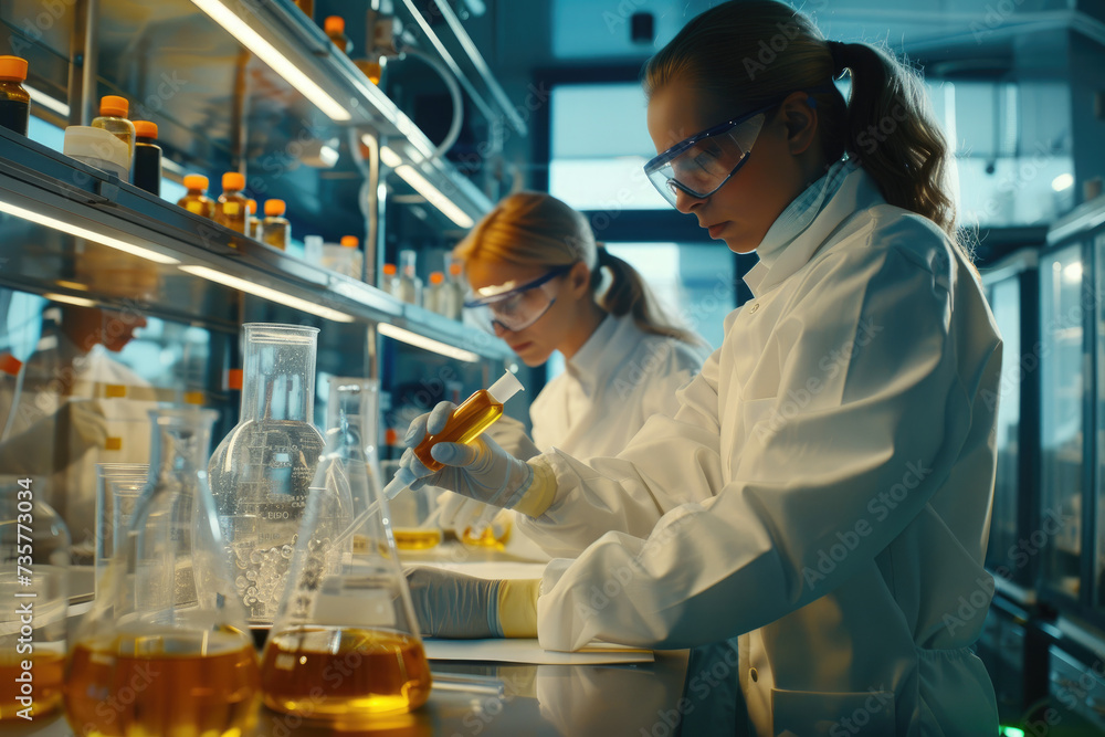 Poster Female scientists in protective clothing work with bio and chemical samples in test tubes in a modern laboratory