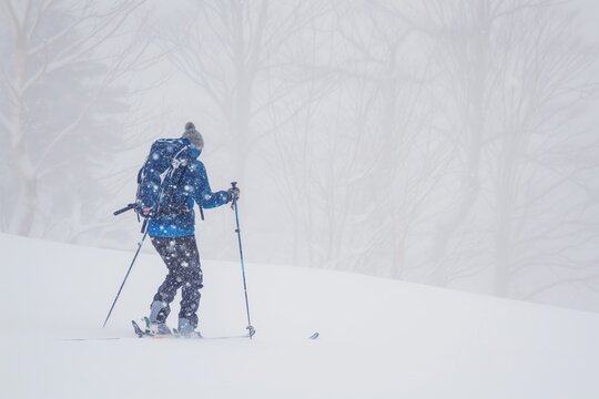 person crosscountry skiing during a mild snowstorm