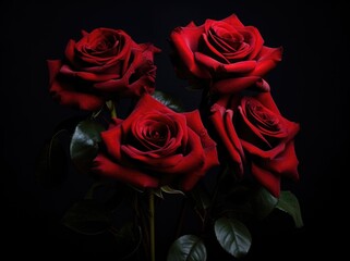 A vibrant collection of red roses arranged in a bunch contrasted against a black background.