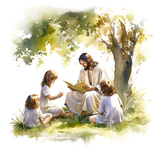 Watercolor print of Jesus, parent and child