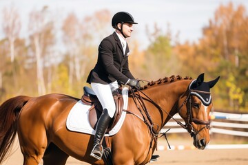 man in equestrian attire on a brown horse in an open field
