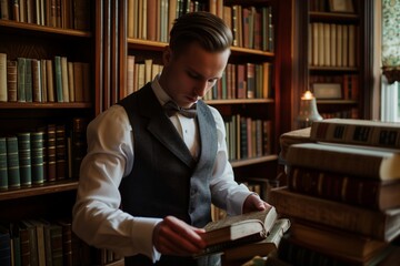 man in waistcoat and bow tie selecting books in a private study