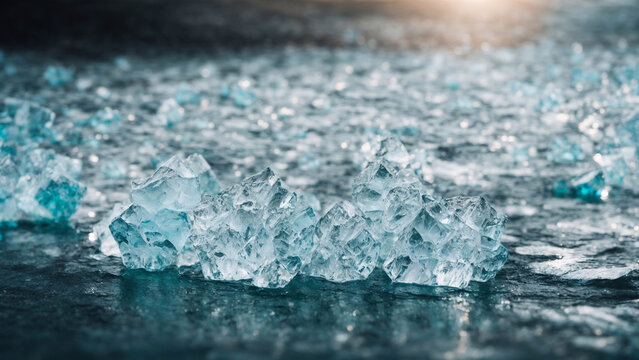 Frozen lake a blue in the winter. Abstract ice background and wallpaper. Snowed blocks of clear ice ar sunrise Ice River photography 3. generative ai