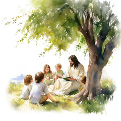 Watercolor print of Jesus, group of people in the park