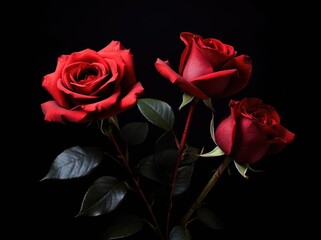 A photo showcasing three red roses arranged in a vase on a black background.