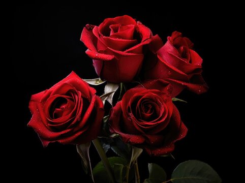 A group of red roses, covered in water droplets, creating a visually striking image.