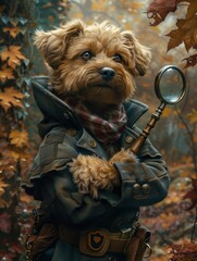 Cute and cuddly pet portrait of a dog influencer in a detective costume, with a magnifying glass, solving mysteries in a whimsically illustrated scene