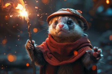 Ferret magician depicted performing enchanting tricks, hat and wand in scene, in whimsical pet art