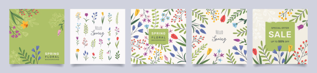 Set of trendy botanical floral backgrounds. Minimalist design with spring flowers, leaves and branches. Vector template for greeting card, banner, poster, invitation, social media post, seasonal sale.