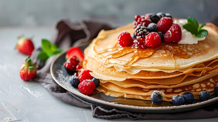 A stack of pancakes with berries, honey and sour cream on a plate.