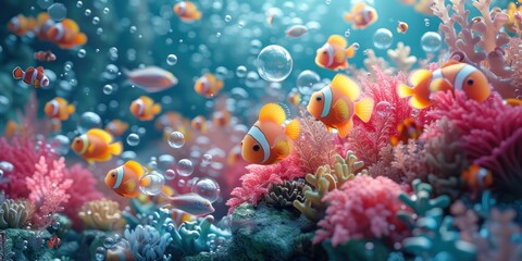 Obraz na płótnie Canvas 3D cartoon depicts aquatic petfluencers in coral settings, using bubbles and seaweed for a mesmerizing underwater effect