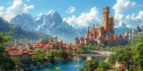 Fantasy themed 3D cartoon illustration of petfluencers as knights and princesses in a fairytale castle setting, with medieval costumes and props to match the whimsical theme