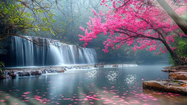Spring landscape with waterfalls and cherry blossom. Seamless looping 4k time-lapse video animation background