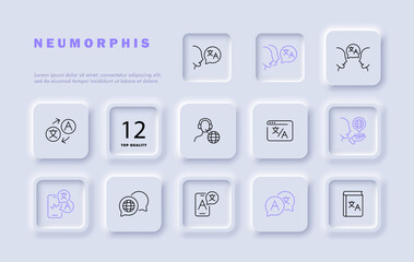 Translator set line icon. Communication, language, culture, grammar, application, online, website. Neomorphism style. Vector line icon for business and advertising