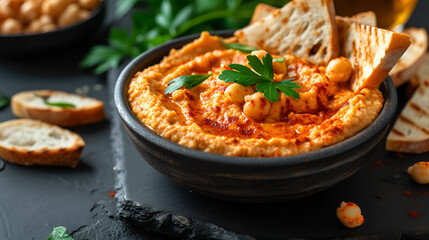 Beautiful homemade red hummus in a black bowl and dark background with toppings of grilled bread, generative ai